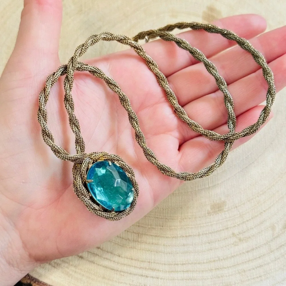 VTG Victorian style Regal necklace Aqua Blue glass Statement Mesh Braided 60s
